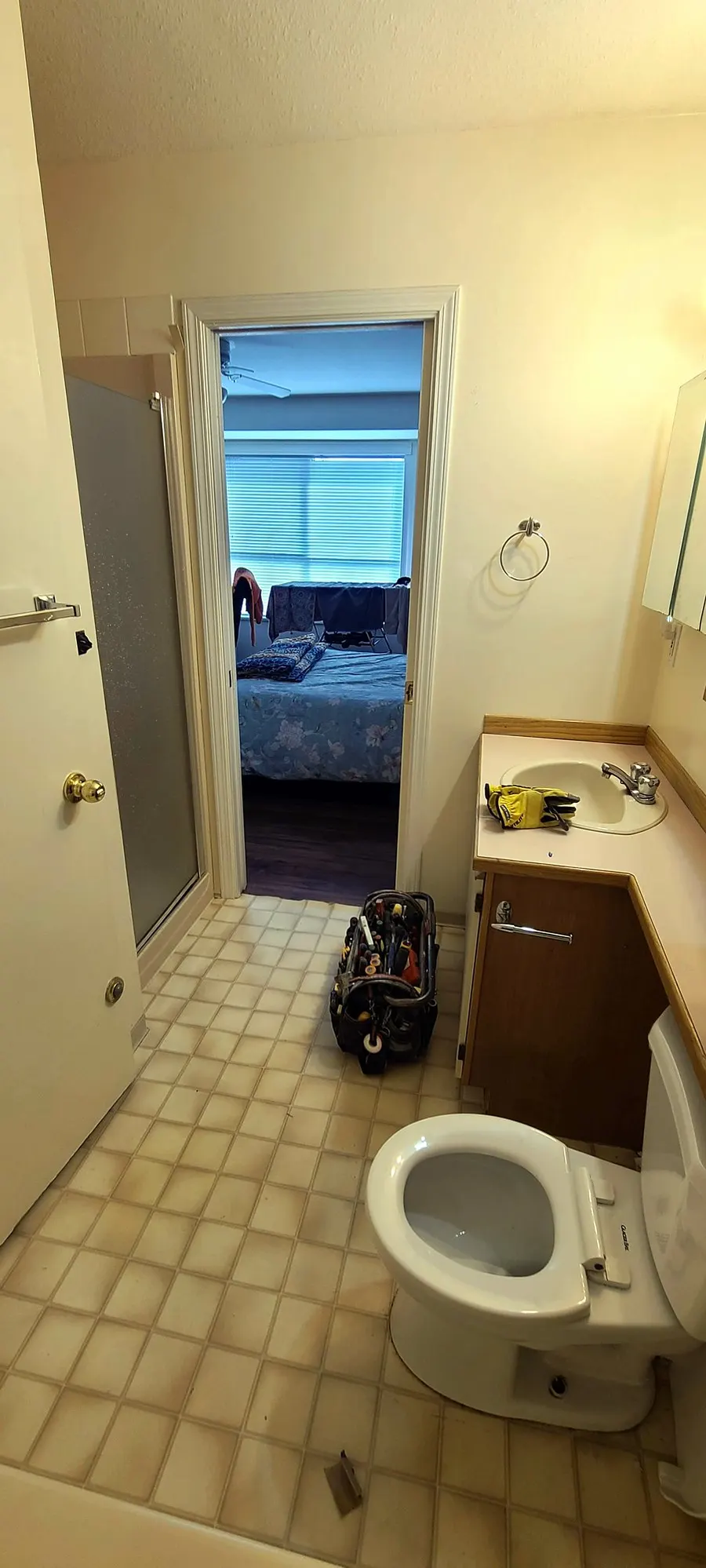 Bathroom renovation in Port Coquitlam by PS Tiling: a wide view of the old bathroom, before.