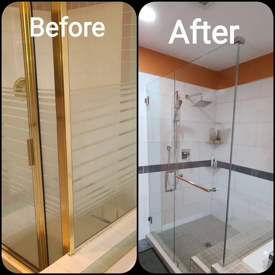 Shower renovation in Delta by PS Tiling: a gold-framed shower door became frameless glass with a black accent band, before and after.